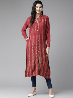 CAYMAN - Striped Woven Design Mandarin Collar Woollen Kurta-Maroon