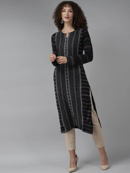 CAYMAN - Striped Woven Design Round Neck Woollen Kurta-Navy Blue