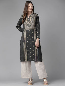 CAYMAN - Ethnic Motifs Woven Panelled Woollen Kurta-Charcoal