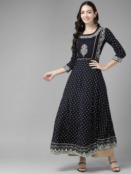 CAYMAN - Floral Printed Pure Cotton Kurta-Navy Blue