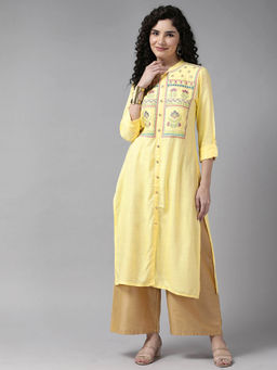 CAYMAN - Floral Embroidered Mirror Work Kurta-Yellow