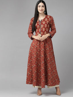 CAYMAN - Ethnic Motifs Printed Sequinned Pure Cotton Kurta-Maroon