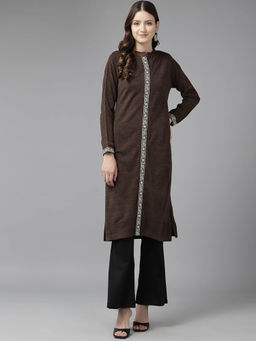 CAYMAN - Women Floral Embroidered Woollen Kurta-Brown