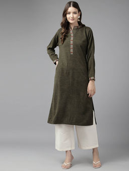 CAYMAN - Women Embroidered Woollen Kurta-Olive