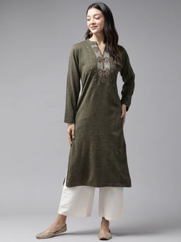 CAYMAN - Women Floral Printed Woollen Kurta-Olive