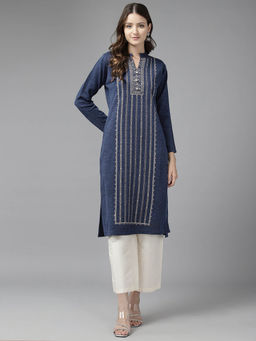 CAYMAN - Women Ethnic Motifs Woollen Kurta-Blue
