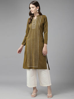 CAYMAN - Women Ethnic Motifs Woollen Kurta-Olive