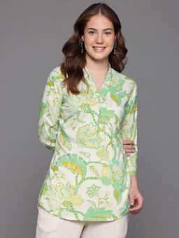 CAYMAN - Floral Printed Sequinned Pure Cotton Tunic-Off White