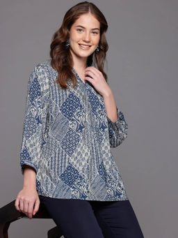 CAYMAN - Ethnic Motifs Printed Sequinned Pure Cotton Tunic-Navy Blue