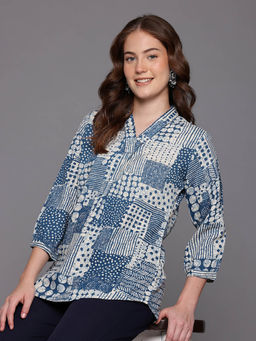 CAYMAN - Ethnic Motifs Printed Sequinned Pure Cotton Sequinned Tunic-Navy Blue