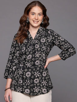 CAYMAN - Floral Printed Sequinned Pure Cotton Sequinned Tunic-Black