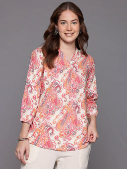 CAYMAN - Ethnic Motifs Printed Sequinned Pure Cotton Tunic-Off White