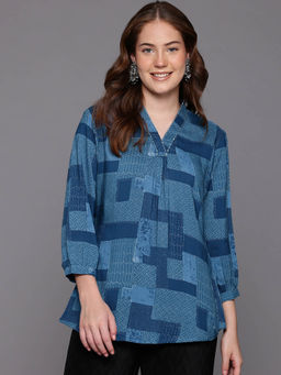 CAYMAN - Printed Sequinned Pure Cotton Sequinned Tunic-Blue