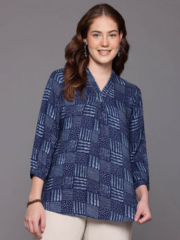 CAYMAN - Printed Sequinned Pure Cotton Tunic-Navy Blue