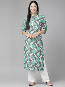 CAYMAN - Floral Printed Pure Cotton Kurta-Grey