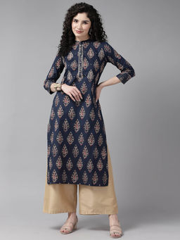 CAYMAN - Ethnic Motifs Printed Gotta Patti Kurta-Navy Blue