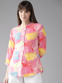 CAYMAN - Floral Print Mandarin Collar A-Line Tunic-Pink
