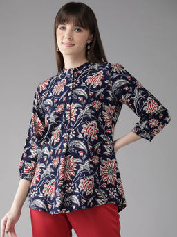 CAYMAN - Floral Print Mandarin Collar A-Line Tunic-Navy Blue
