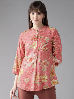CAYMAN - Floral Print Mandarin Collar A-Line Tunic-Peach
