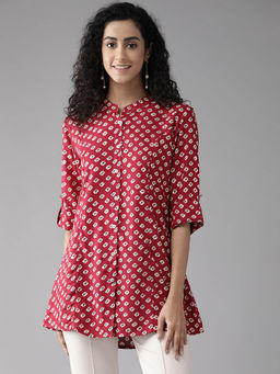 CAYMAN - Print Mandarin Collar A-Line Kurti-Maroon