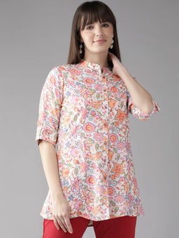 CAYMAN - Floral Print Mandarin Collar Roll-Up Sleeves A-Line Tunic-Off White