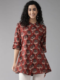 CAYMAN - Floral Print Mandarin Collar Roll-Up Sleeves A-Line Tunic-Maroon