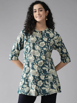 CAYMAN - Floral Print Mandarin Collar Roll-Up Sleeves A-Line Tunic-Teal