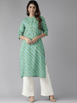 CAYMAN - Women Printed Kantha Work Straight Kurta-Green