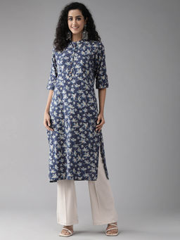 CAYMAN - Women Floral Printed Kantha Work Straight Kurta-Navy Blue