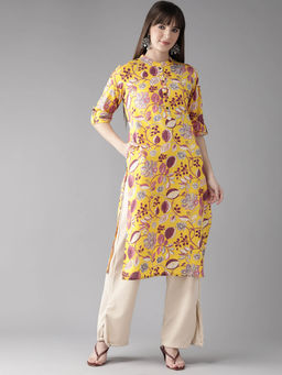 CAYMAN - Women Floral Printed Kantha Work Straight Kurta-Yellow