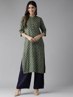 CAYMAN - Women Floral Printed Straight Kurta-Olive
