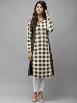 CAYMAN - Checked Printed Round Neck A-Line Woollen Kurta-Brown