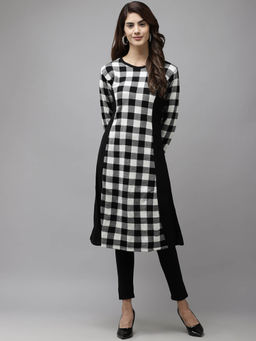 CAYMAN - Checked Printed Round Neck A-Line Woollen Kurta-Black