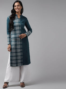 CAYMAN - Checked Woven Design Mandarin Collar Woollen Kurta-Teal
