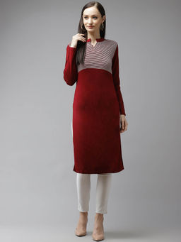 CAYMAN - Woven Design Mandarin Collar Straight Woollen Kurta-Red