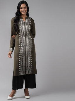 CAYMAN - Woven Design Mandarin Collar Woollen Kurta-Olive