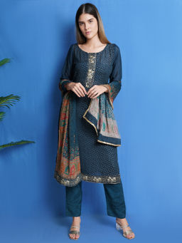 Stylee LIFESTYLE - Teal Chinon Chiffon Embroidered Dress Material (Set of 3)