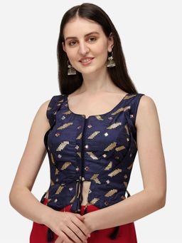 Amrutam Fab - Women's Embroidered & Sequences Work Navy Blue Silk Round Neck Blouse