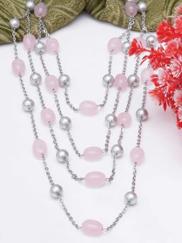 Karatcart - Pink Tumble and Silver Beads Studded Multilayered Rani Haar Necklace