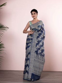Beatitude - Grey Navy Blue Ethnic Motifs Saree with Unstitched Blouse