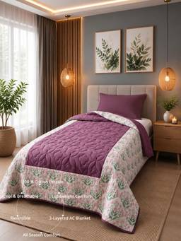 Linen Home - Cotton Reversible Ac Blanket Single Sequence Pink and Damson Berry