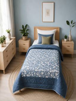Linen Home - Cotton Reversible Ac Blanket Single Blossomy Blue and Orion Blue