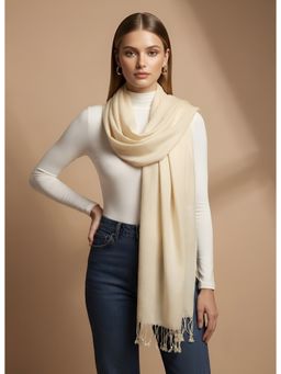 MUFFLY - Women Solid Woven Viscose Stole With Tasselled Border Beige