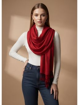 MUFFLY - Women Solid Woven Viscose Stole With Tasselled Border Maroon