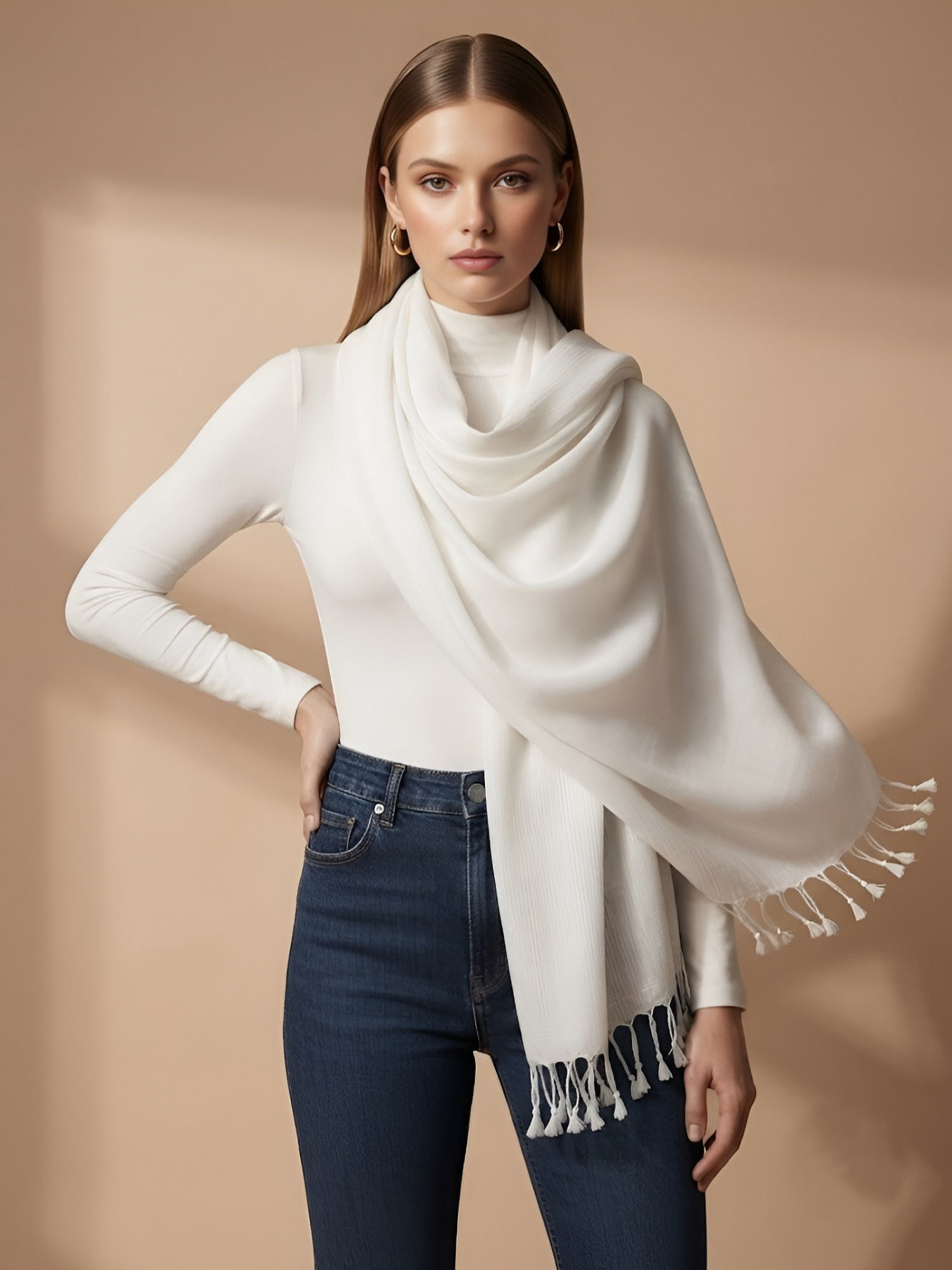 Women Solid Woven Viscose Stole With Tasselled Border White-image-7