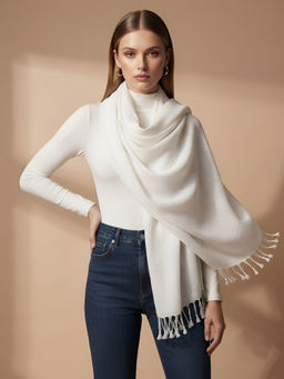 MUFFLY - Women Solid Woven Viscose Stole With Tasselled Border White