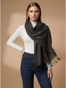 MUFFLY - Women Solid Woven Viscose Stole With Tasselled Border Black