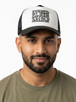 The Tie Hub - Black & White Fueled By Iced Coffee & Anxiety Logo Trucker Cap For Men & Women