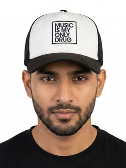 The Tie Hub - Black & White Music Is My Only Drug Logo Trucker Cap For Men & Women