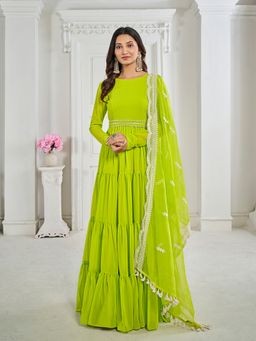 INDDUS - Women Solid Tiered Kurta with Belt and Dupatta